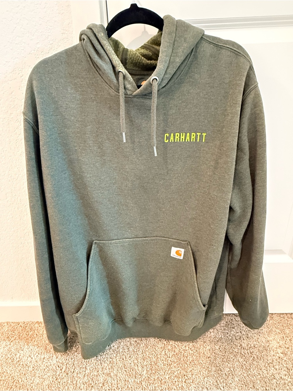Carhartt Men's Olive Green Hooded Sweatshirt with Yellow Logo